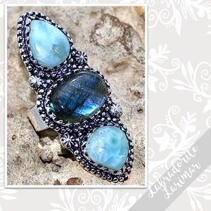 Larimar, Labradorite Large Silver Artisan Ring, Size 5.5 (Turquoise, Blue flash)